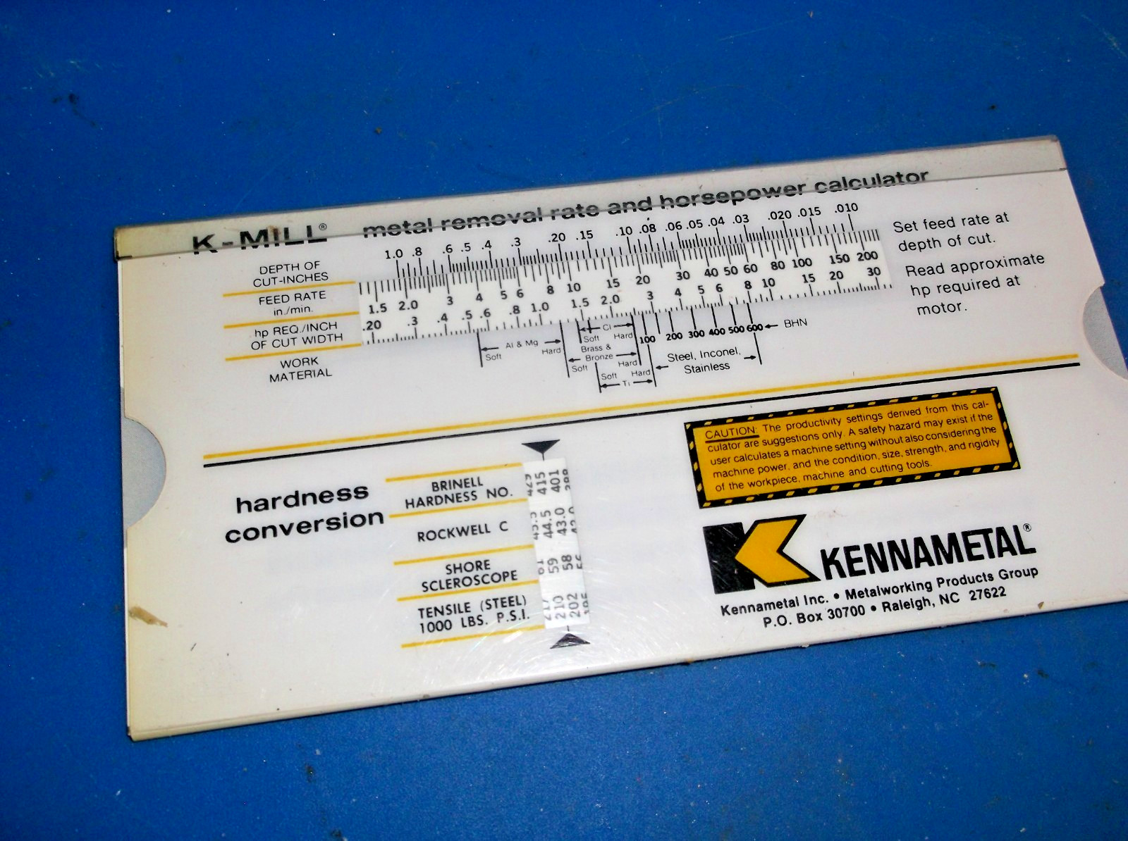 KENNAMETAL SLIDING POCKET CHARTS FEEDS AND SPEEDS + CALCULATOR