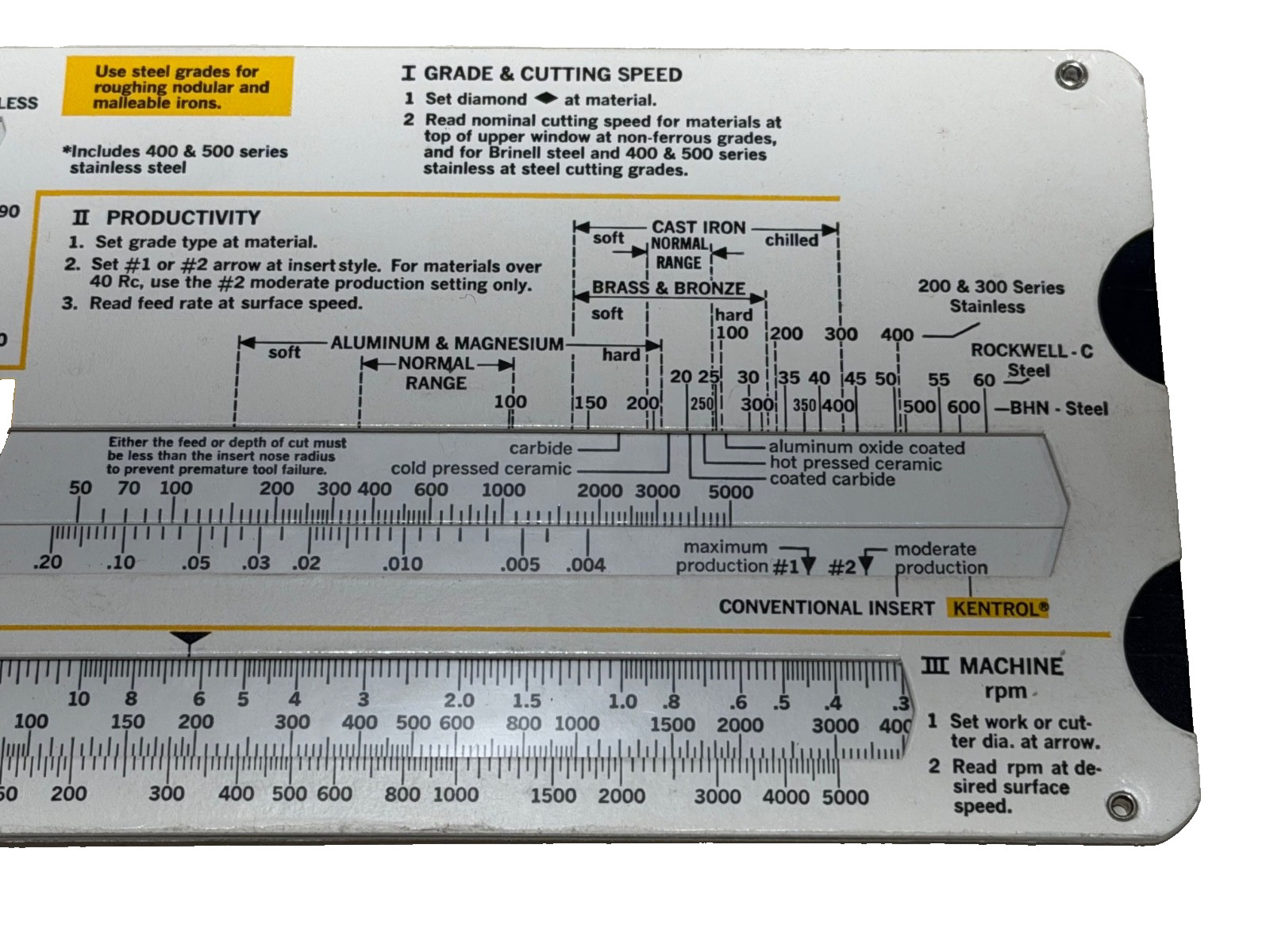 LOT of KENNAMETAL SLIDING CHART / MACHINING CALCULATOR