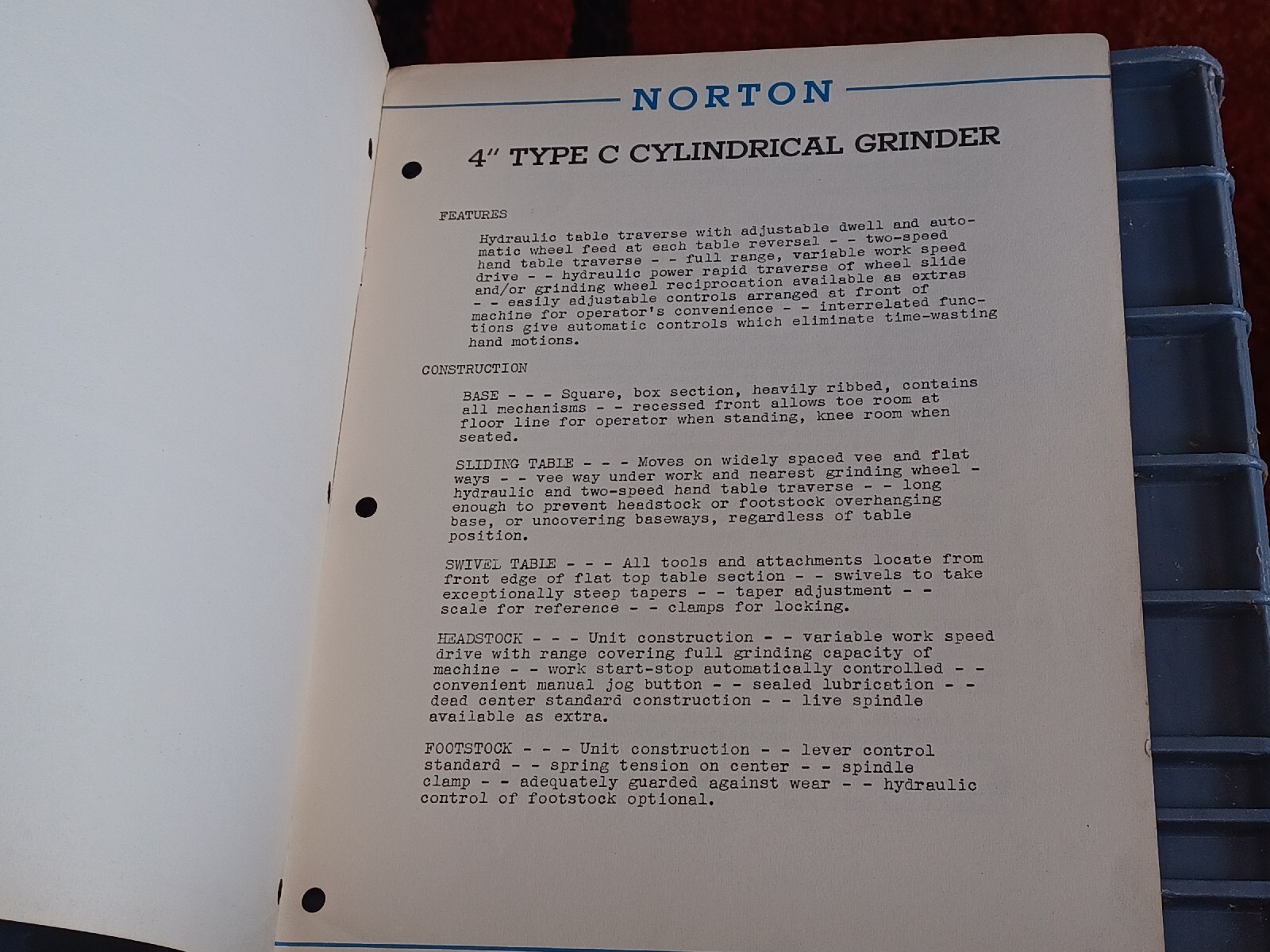 NORTON 4″ Type C Cylindrical GRINDERS MACHINE SALES CATALOG No 287 BOOK Ww2 Era