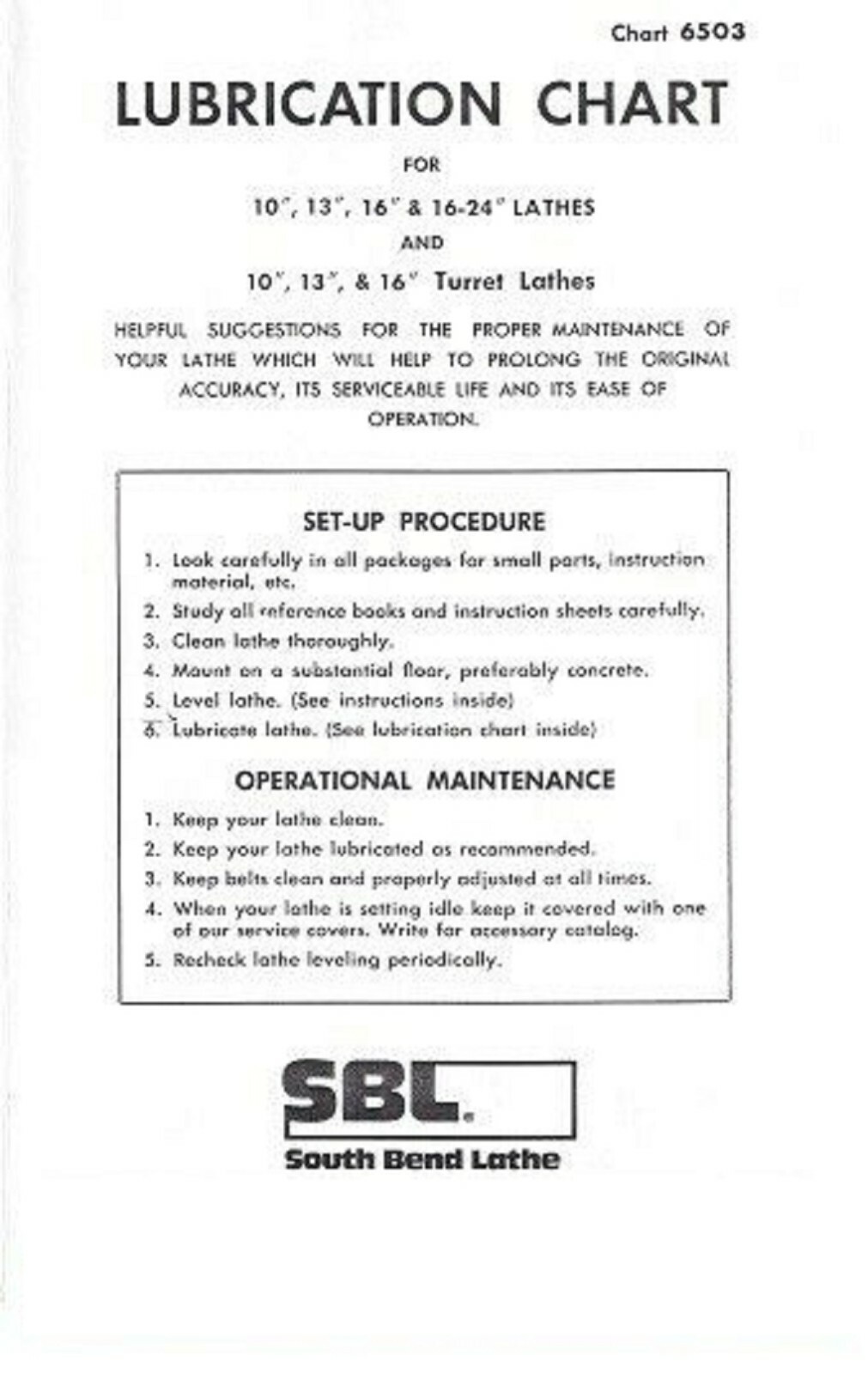 Lubrication Chart Fits South Bend Lathe Manual No. 6503 for 10, 13, 16-24inch