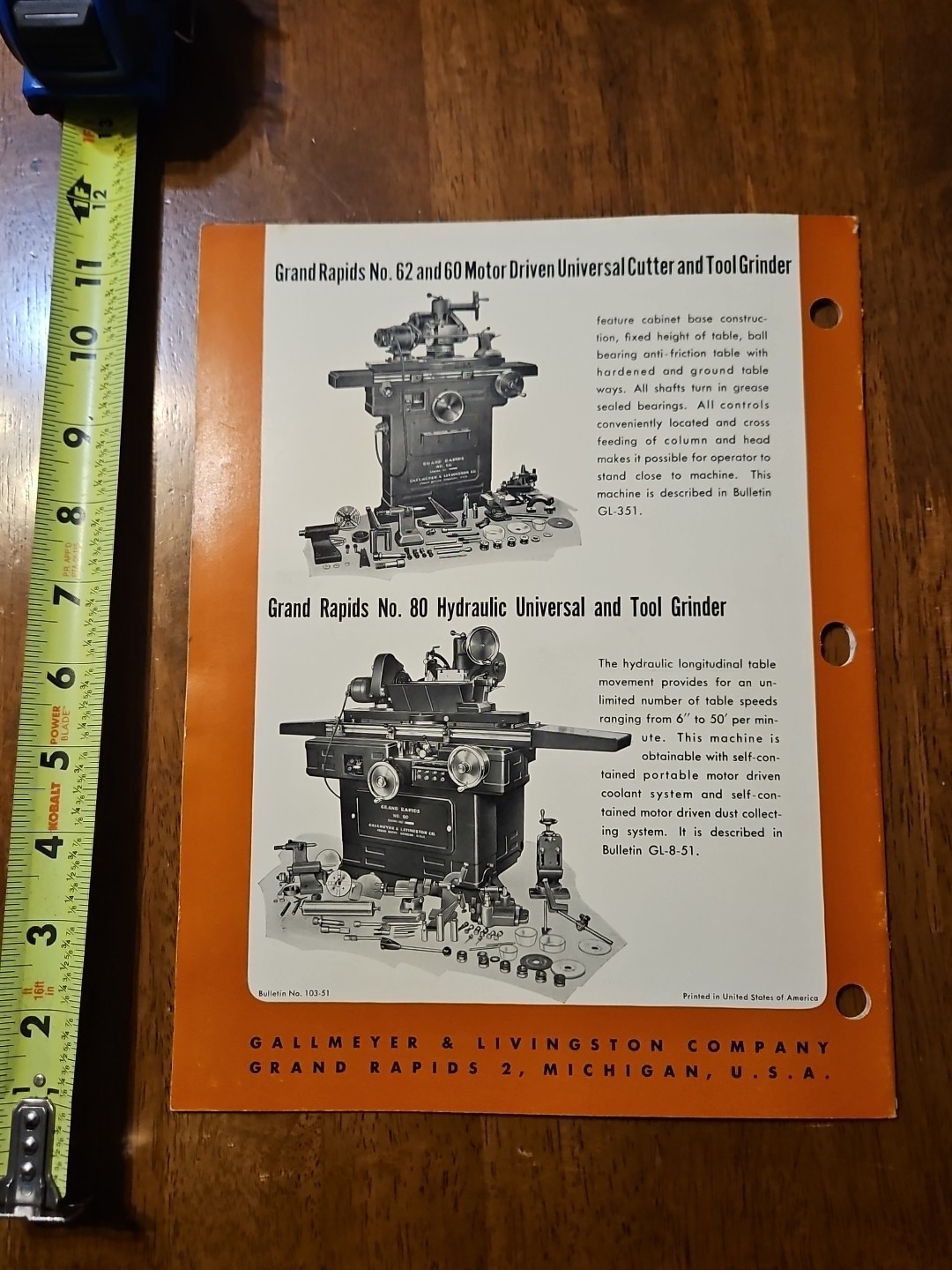GALLMEYER LIVINGSTON GRAND RAPIDS SURFACE GRINDERS CATALOG BULLETIN GL-103-52