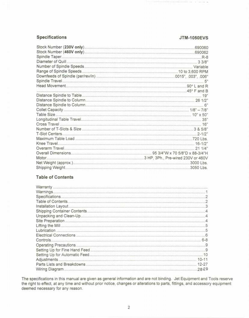 Jet JTM-1050EVS Vertical Milling Machine Operator & Parts List Manual *210