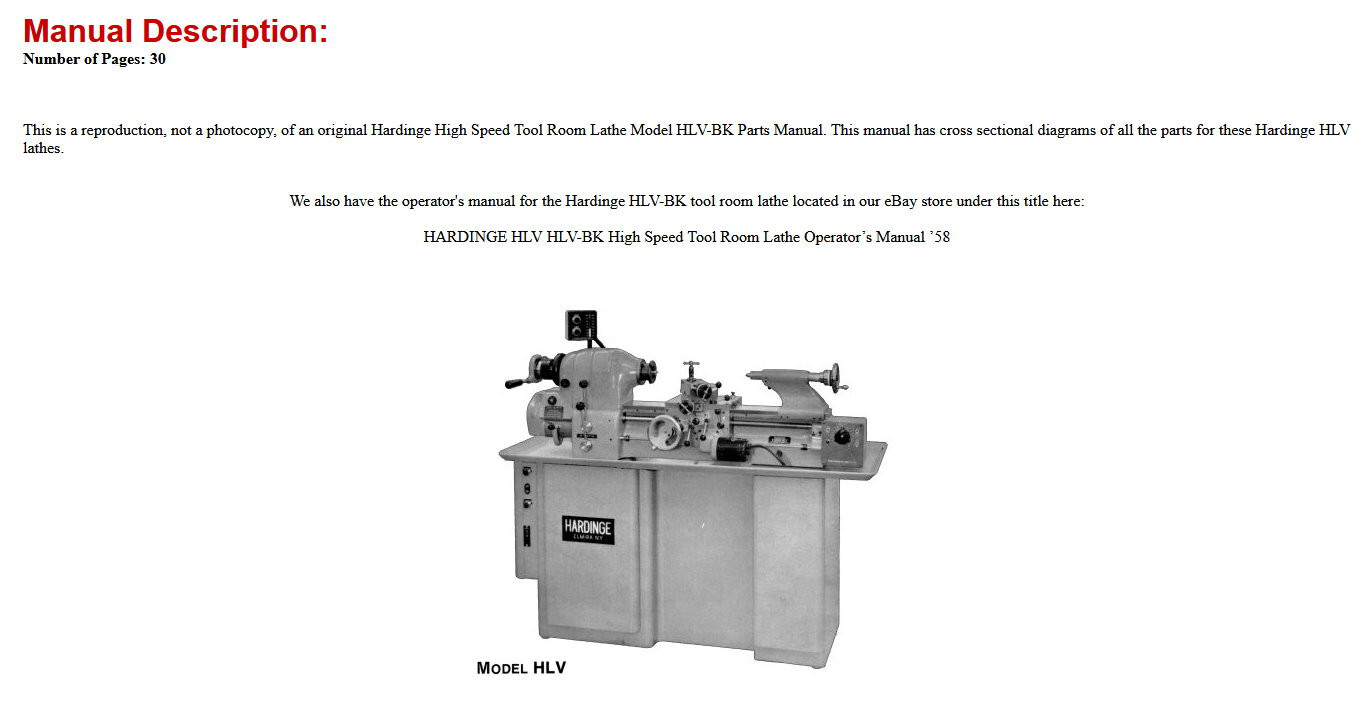 HARDINGE HLV-BK High Speed Tool Room Lathe Parts Manual 1187