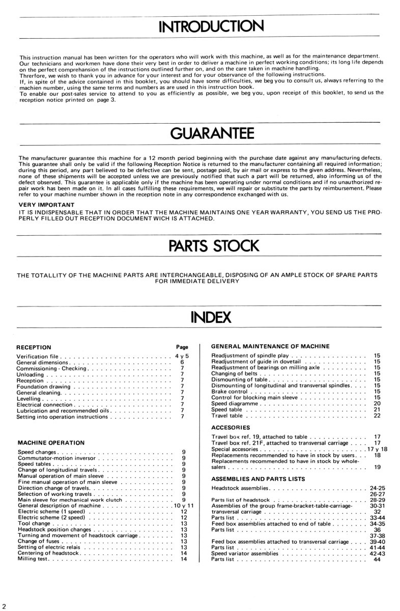 HOLKE F-10-V, F-11-V Milling Machine Operation Service Parts Manual 1788