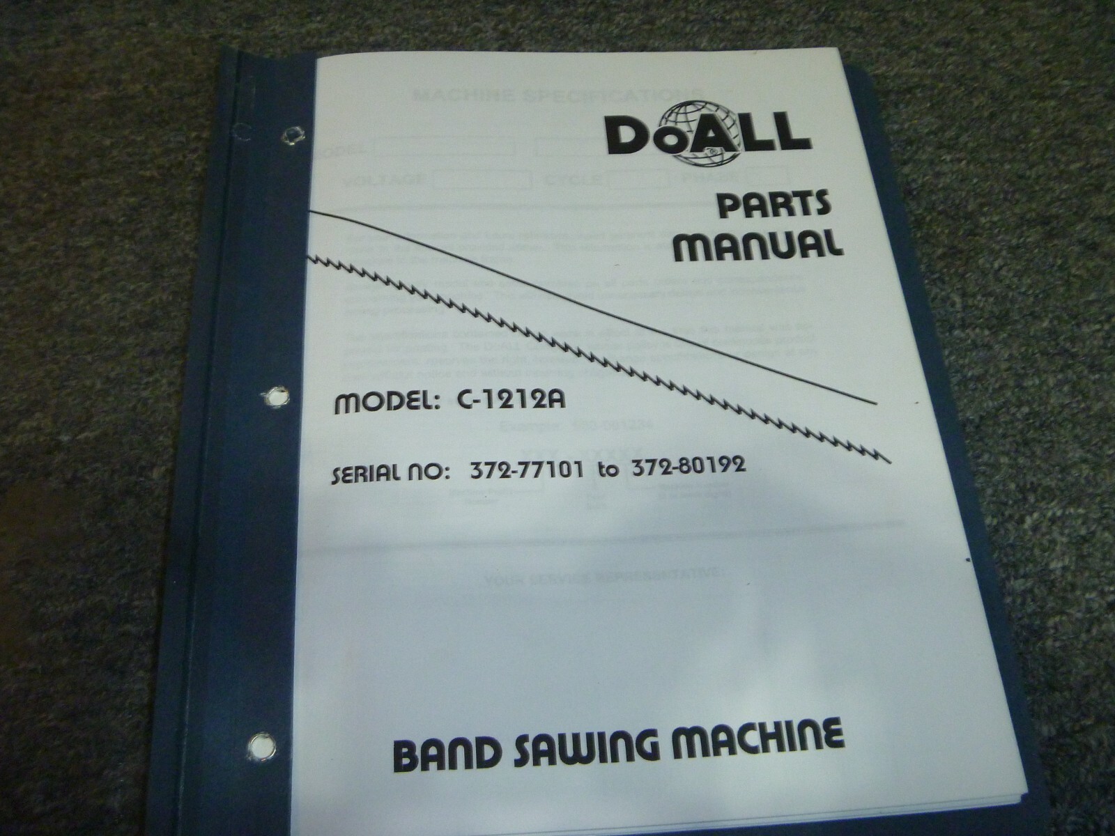 DoAll Model C-1212A Band Saw Parts Catalog Manual S/N 372-77101 to 372-80192