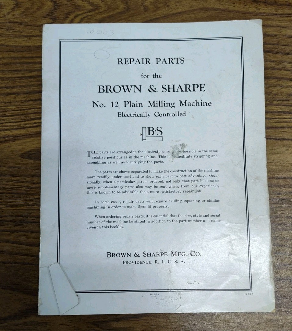 Brown & Sharpe Universal Number 12 Plain Milling Machine Repair Parts List Vtg