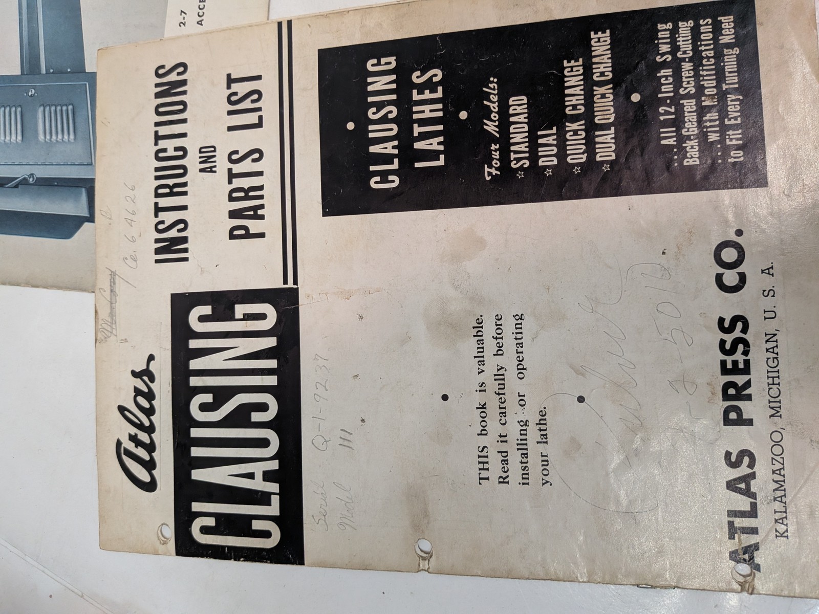 Atlas Clausing 4800 Series 12in Lathe Manuals Parts List Lot Model 4839