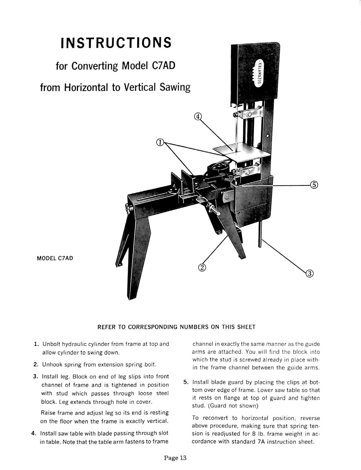 Bandsaw Service & Parts Manual Fits Kalamazoo Model 7A
