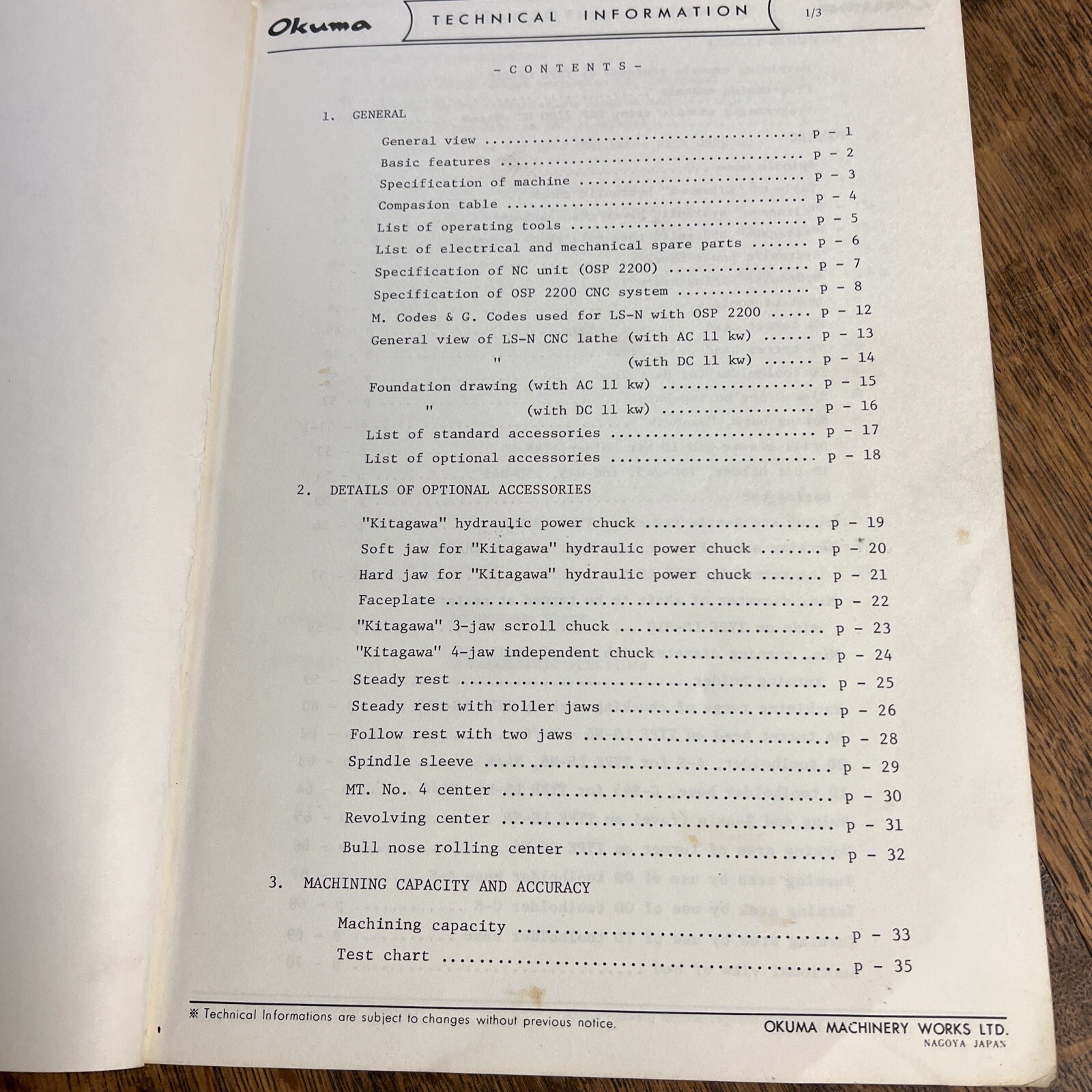 Okuma LS-N “BIG10″, CNC Lathe, Technical Information Manual