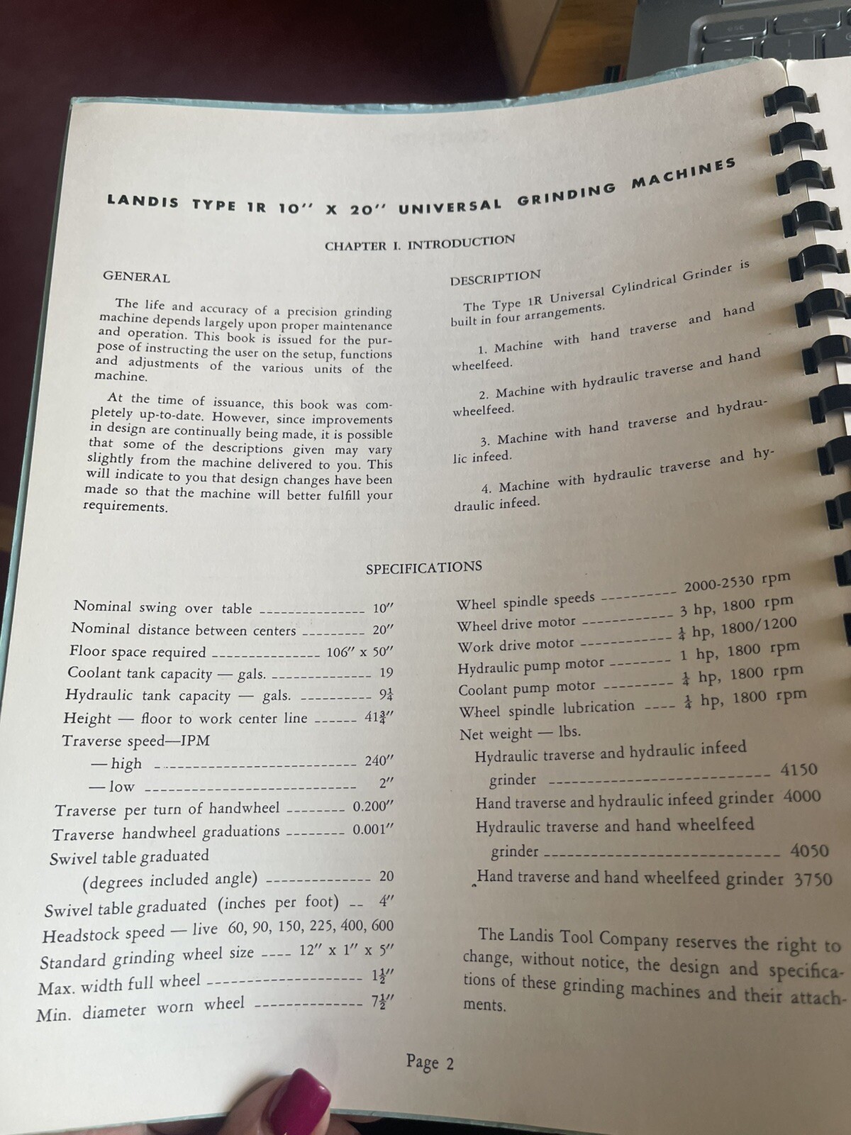 Landis Tool Company Operator’s Handbook 10″ x 20″ Type 1R Universal Grinders