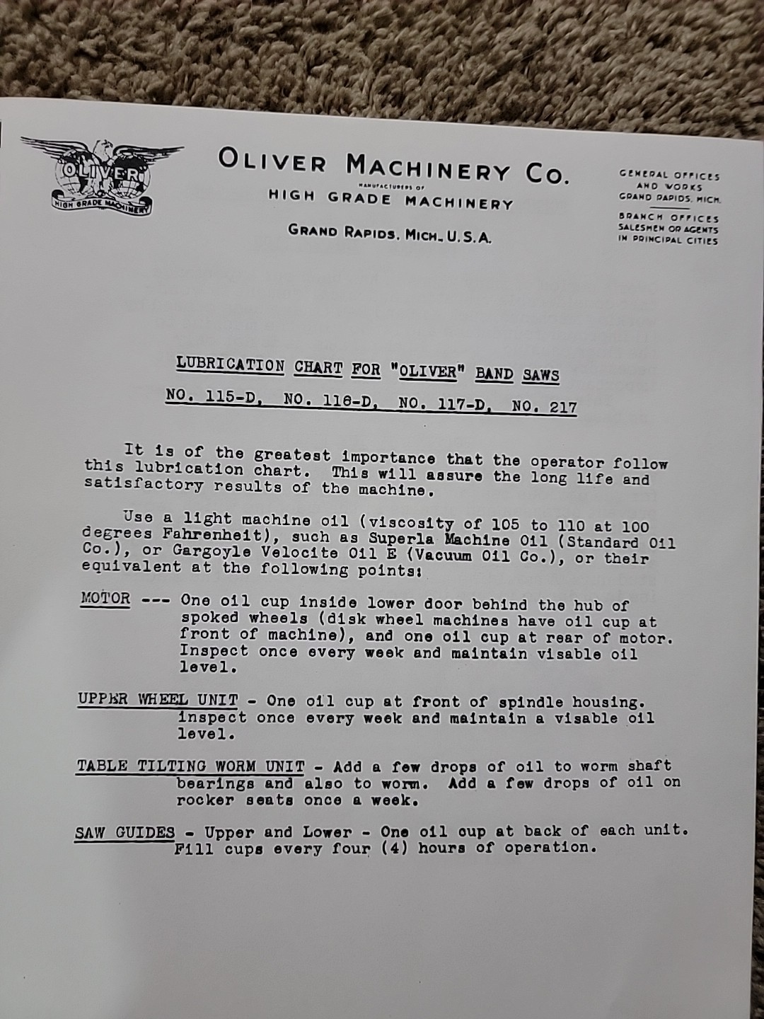 OLIVER No. 116 36″ Band Saw Owner Operating Instructions and Parts Manual