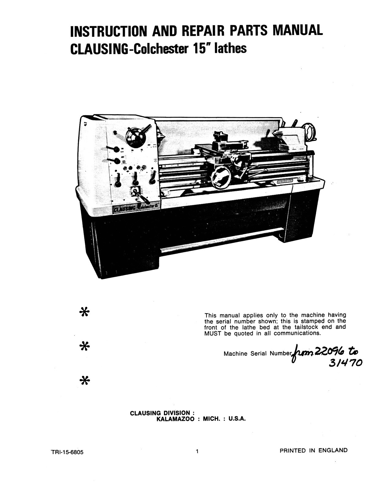 Clausing Colchester 15″ Lathe Service and Parts Manual sn: 22096 to 31470 *42