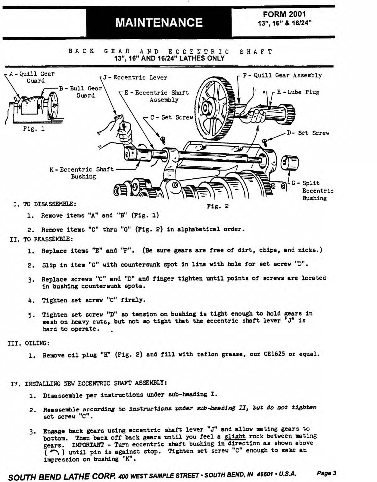 Lathe Maintenance Parts Manual South bend 10, 13, 14 1-2, 16, 16-24 inch CE3458