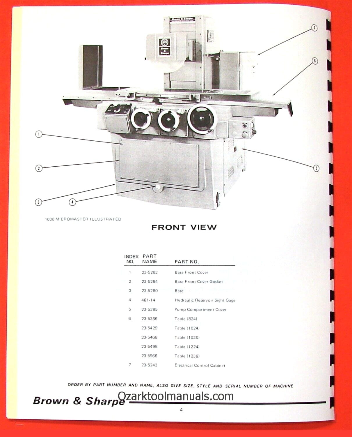 BROWN & SHARPE Micromaster 824 1024 1030 1224 Surface Grinders Parts Manual 0096