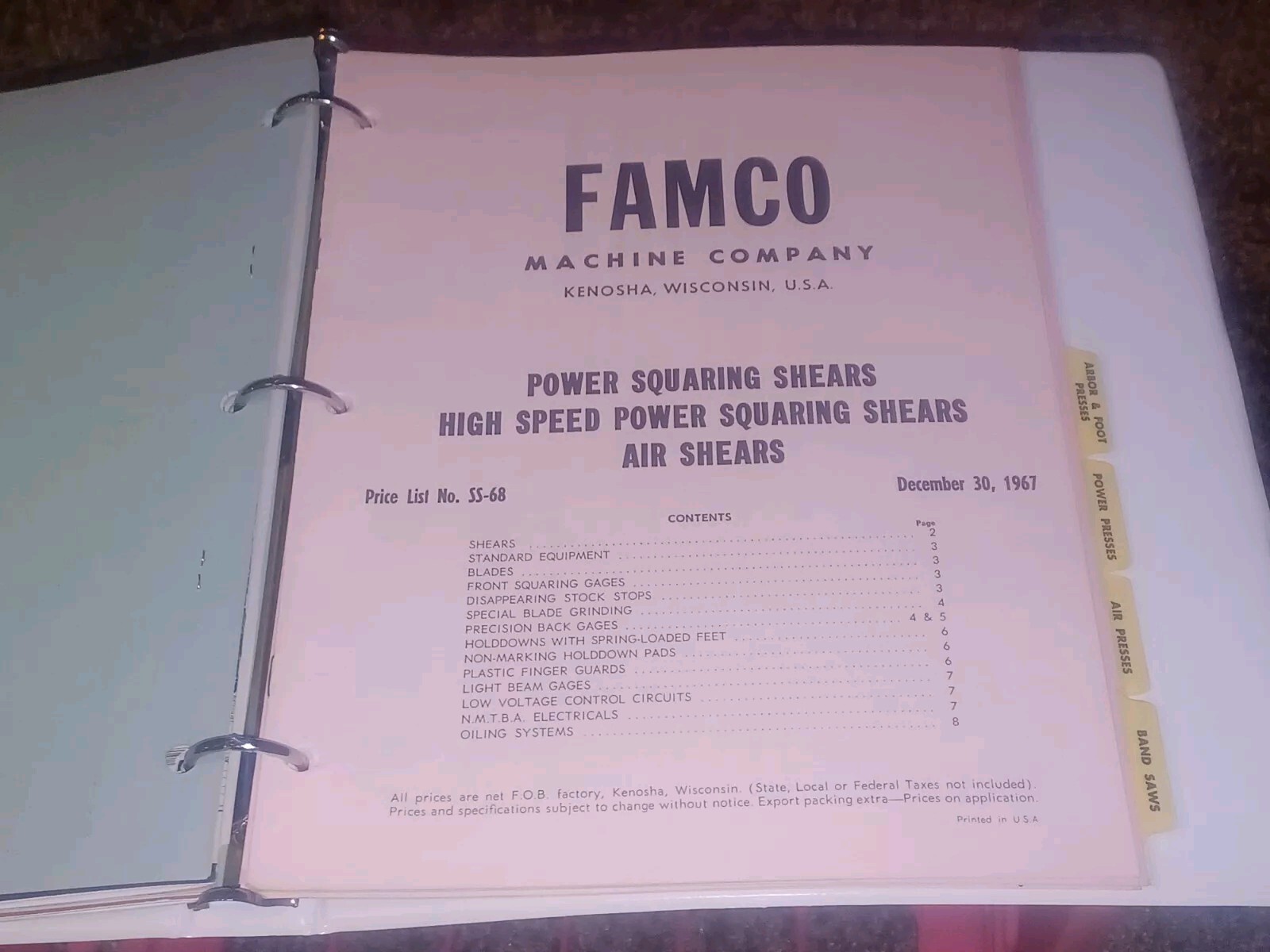 FAMCO MACHINE CO CATALOG CATALOG LOT MILLING MACHINE SQUARING SHEARS PRICE LISTS