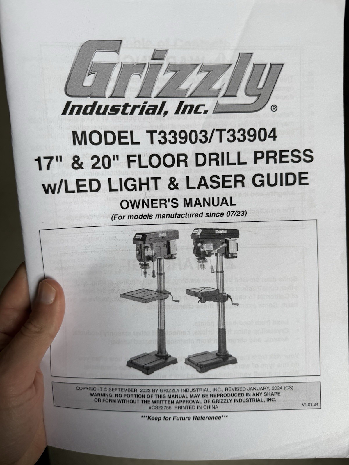 Owner’s Manual & Operating Instructions Grizzly 17 20” Drill Press T33903/T33904