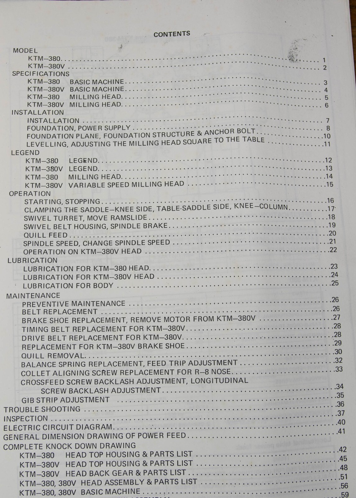 Kent KTM-380 and KTM-380V Mill Operators Maintenance and Parts Manual