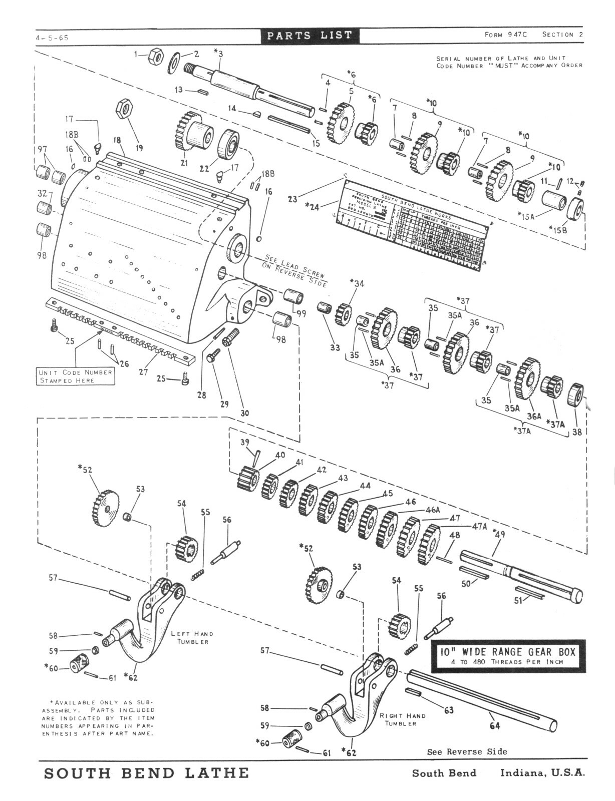 Southbend 10″, 13″, 14-1/2″ 16″ & 16-24″ Lathe Parts List Manual #516