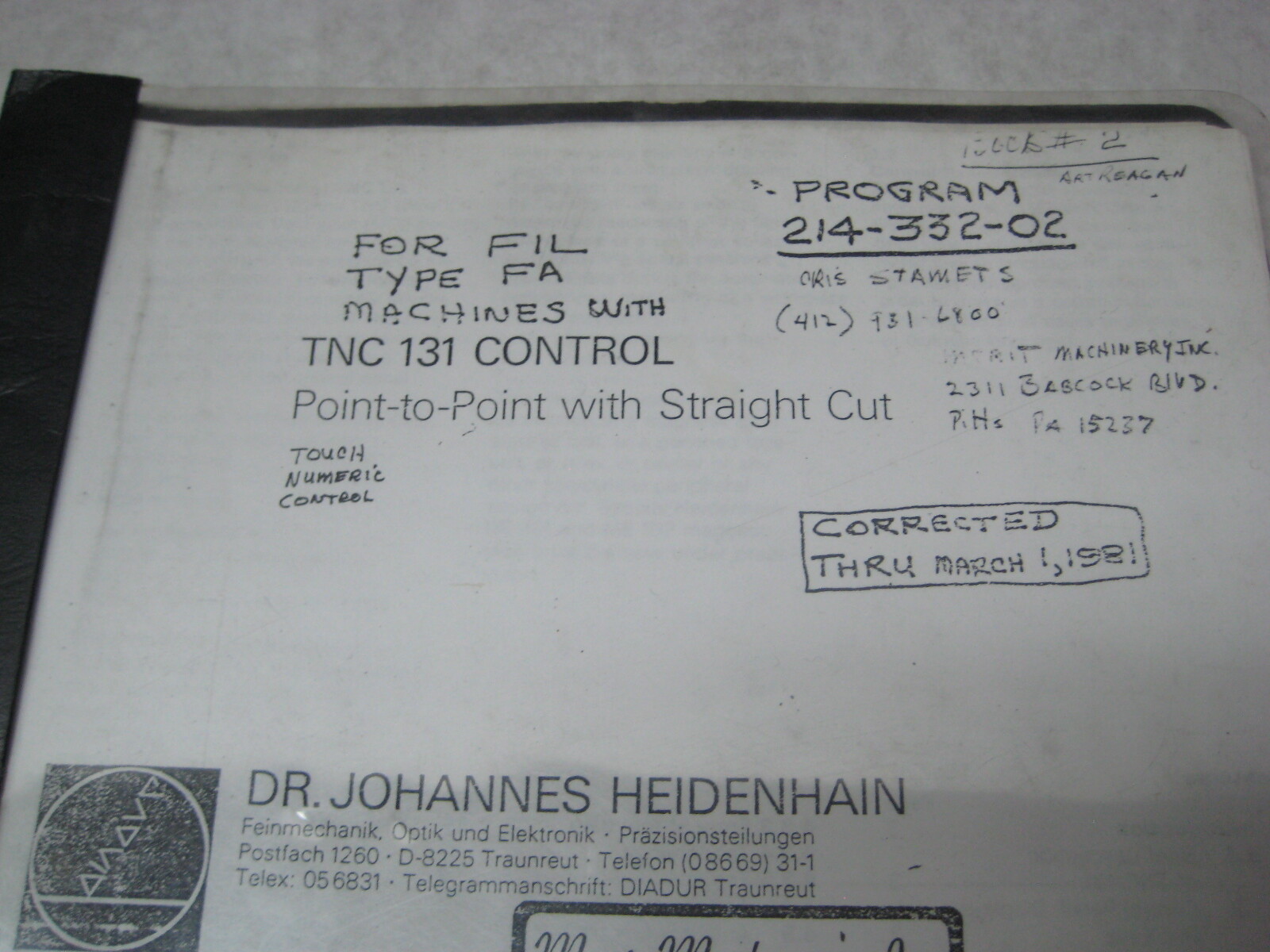 HEIDENHAIN TNC 131 CONTROL POINT TO POINT STRAIGHT CUT OPERATING MANUAL 1980