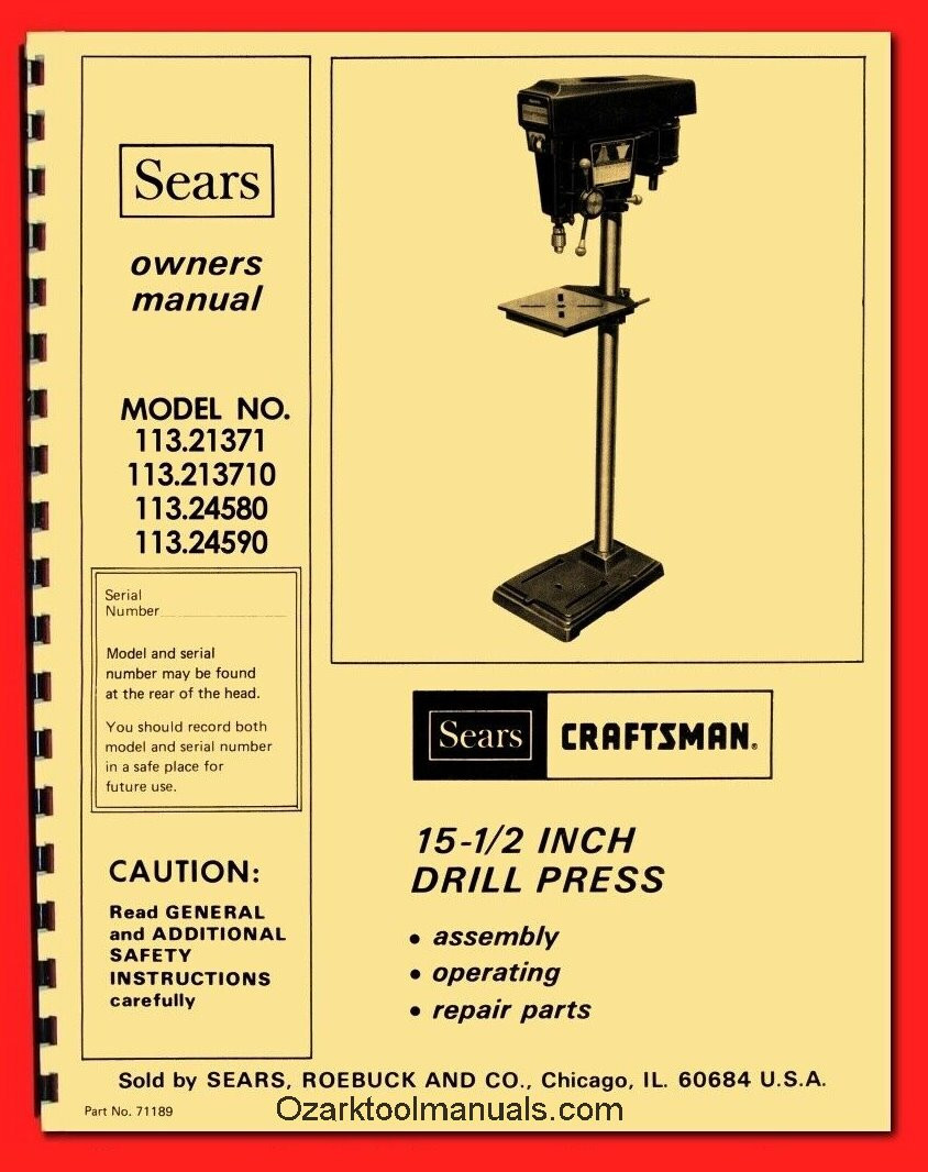 CRAFTSMAN 113.21371 & 113.213710 Drill Press 15-1/2″ Operator & Part Manual 0175