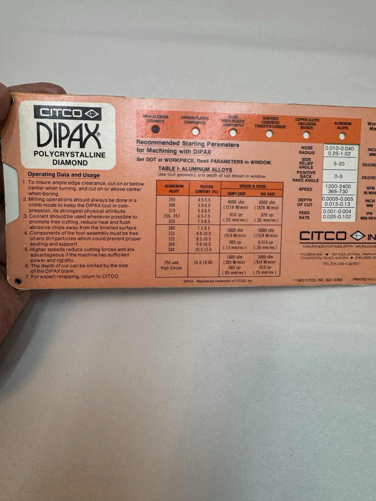 1983 citco dipax polycrystalline diamond tool machining parameter guide chart pl