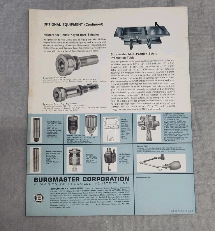 Burgmaster Machine Co. Hydraulic Turret Drill Catalog Brochure Vtg Houdialle CA
