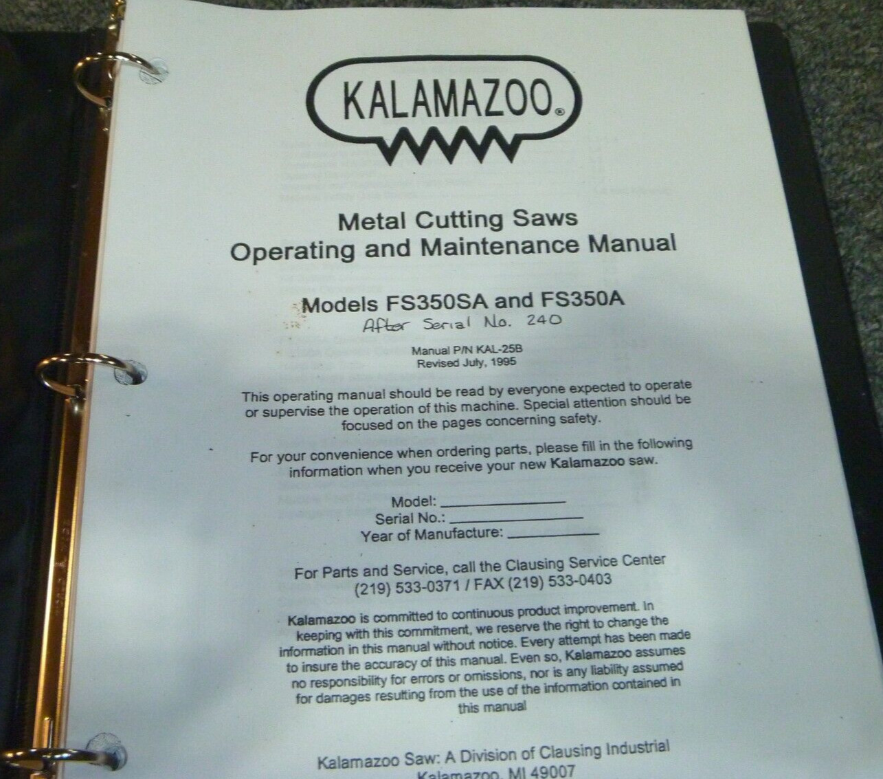Kalamazoo FS350A Metal Cutting Saw Owner Operator & Maintenance Manual SN 240-Up