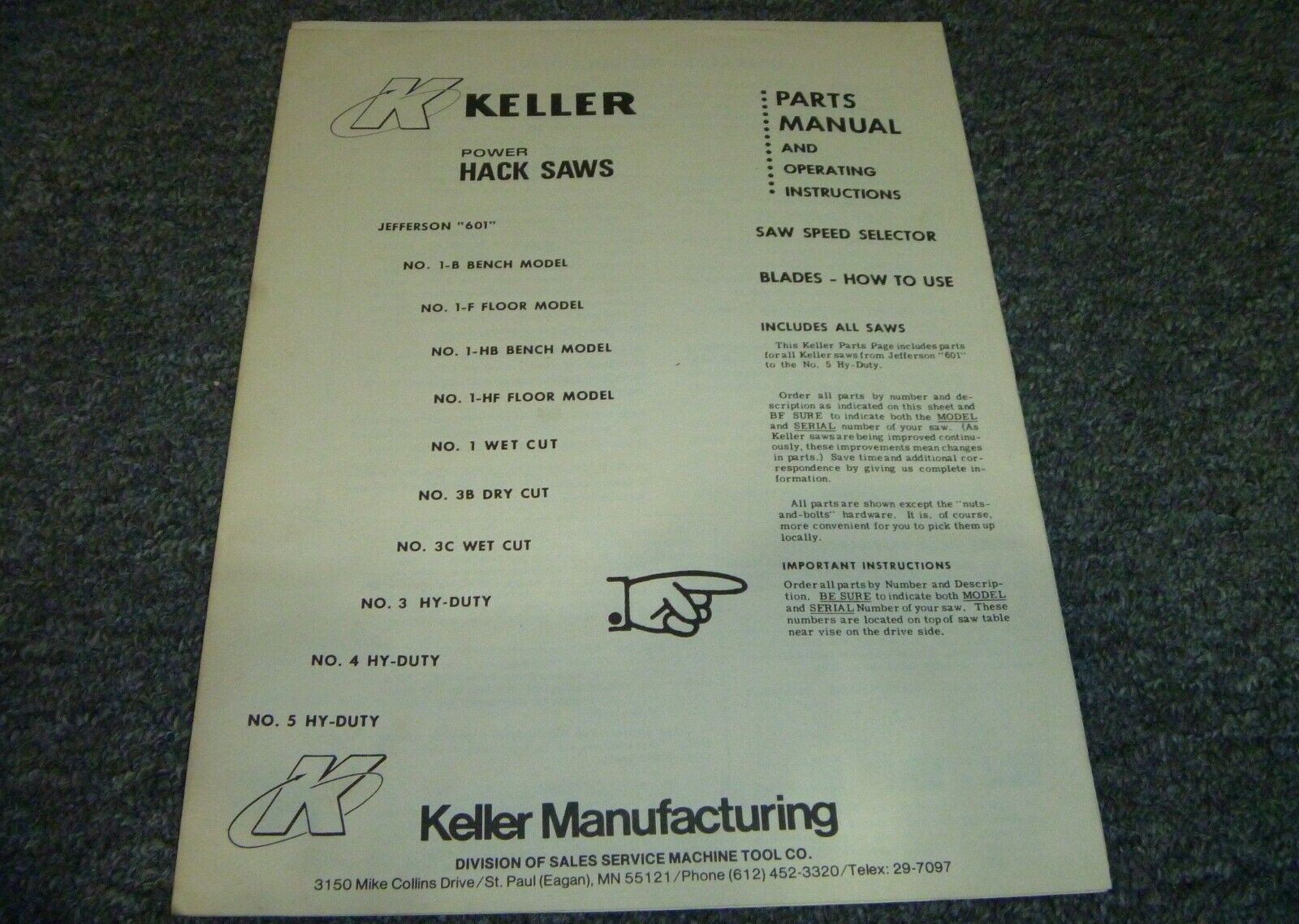 Keller Jefferson 601 No. 1F Floor Model Power Hack Saw Parts & Operator Manual