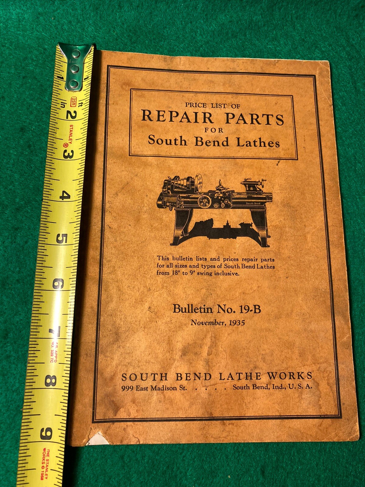 1935 South Bend No. 19-B Lathe Price List of Repair Parts Manual
