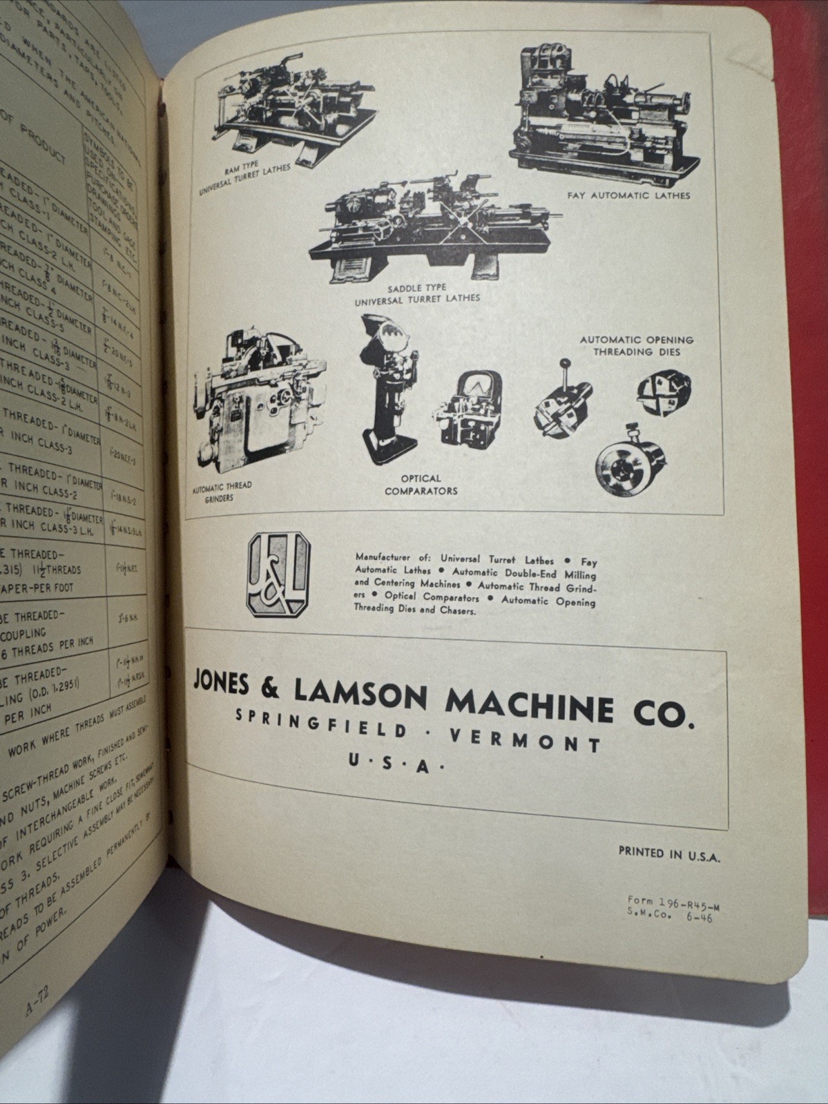1941 Jones & Lamson J&L 6×15 in Automatic Thread Grinding Machine TG-6×15 Manual