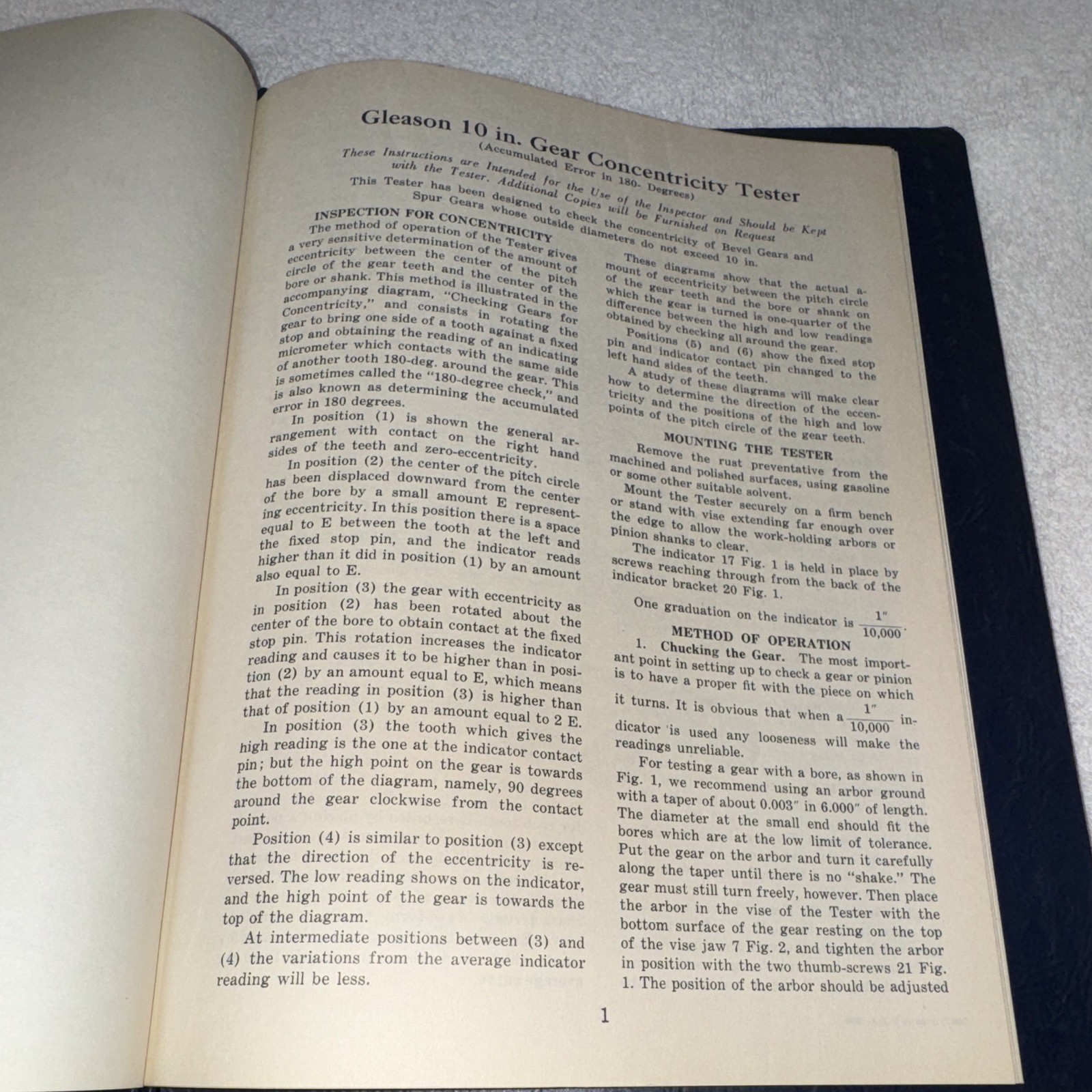 1935 Gleason 10 in. Gear Concentricity Tester Operating Instructions Manual