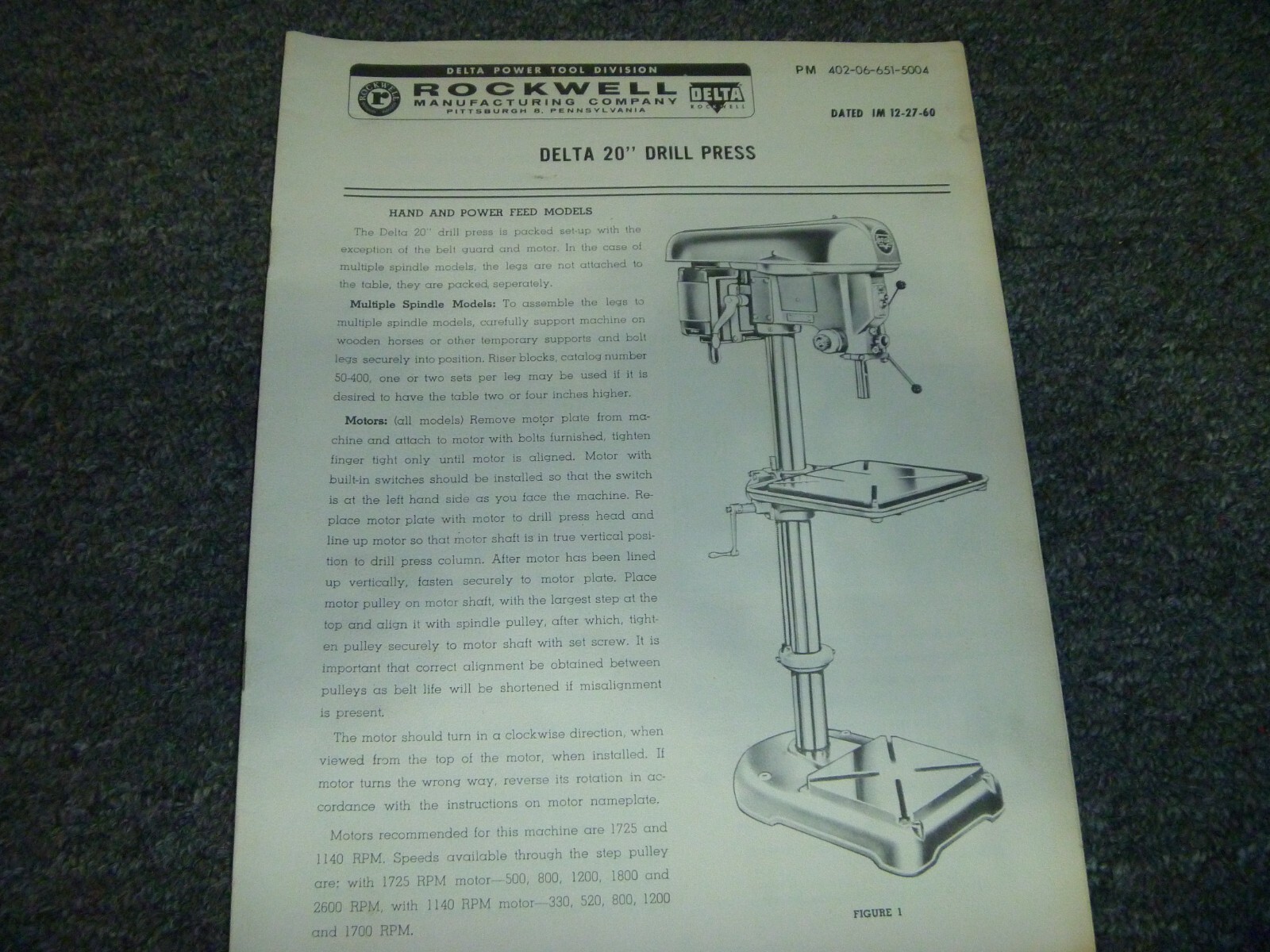 Rockwell-Delta 20″ Drill Press Owner Operator Instruction Manual User Guide