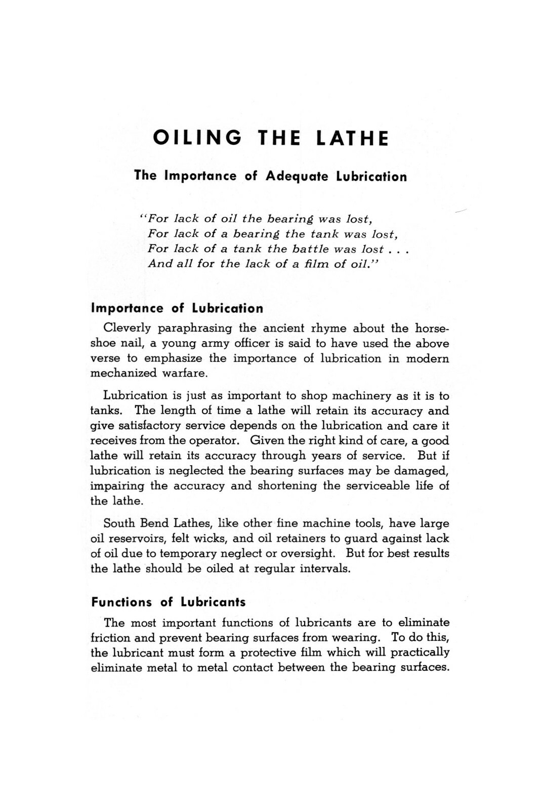 South Bend Oiling The Lathe Instruction Manual #931
