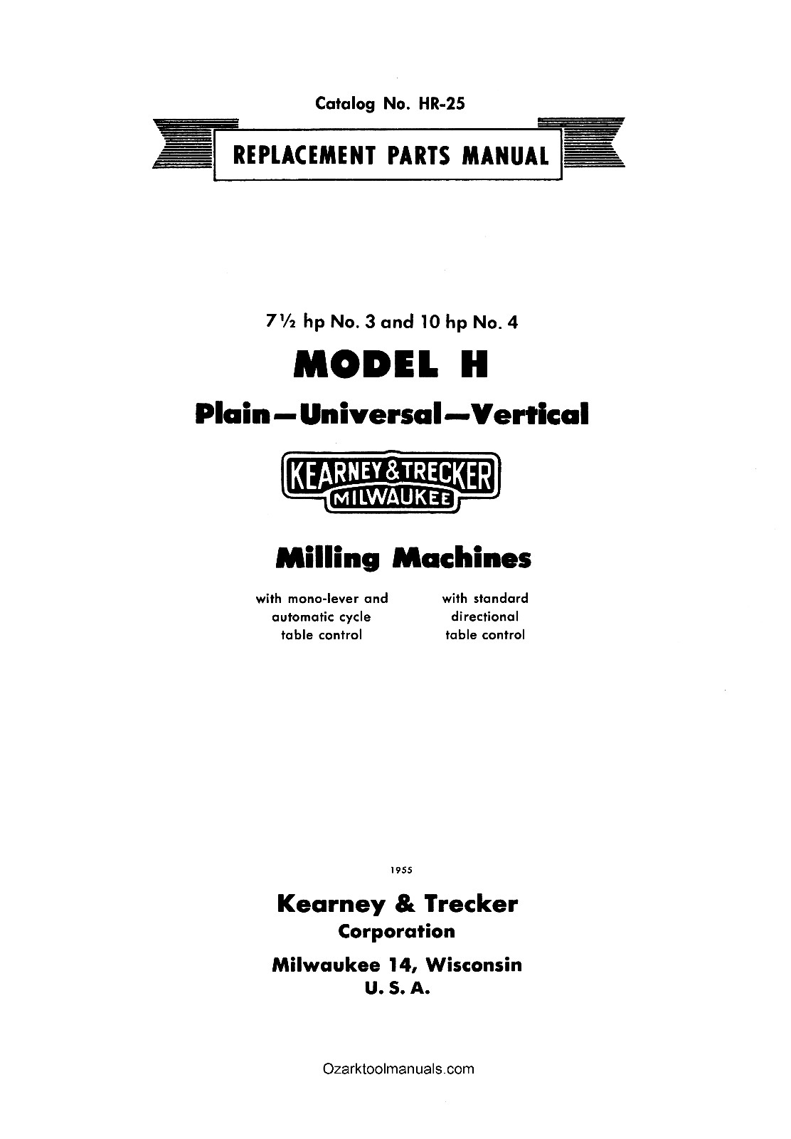 KEARNEY &TRECKER Milwaukee Model 3H 4H Milling Machines Parts Manual 1467