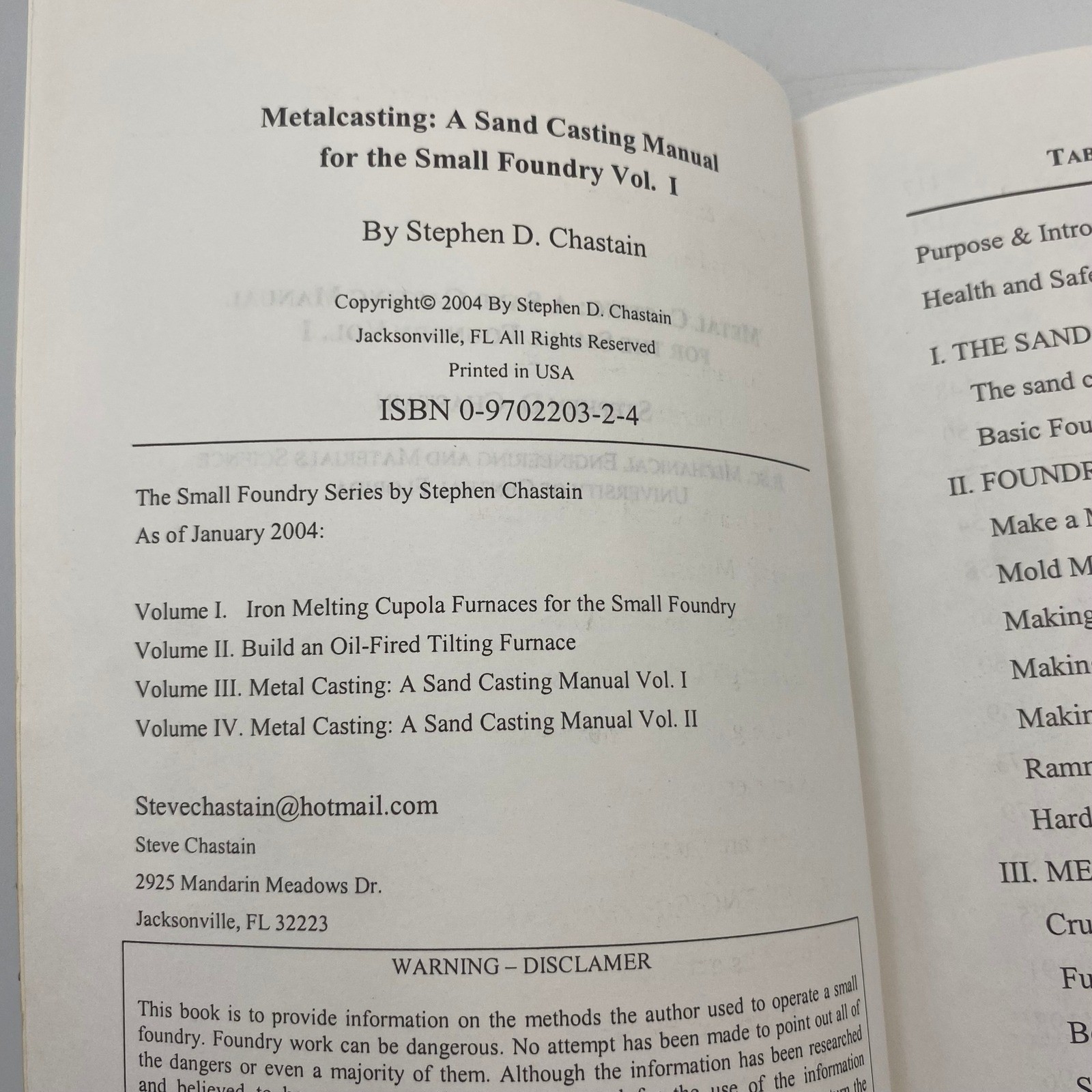 Metal Casting A Sand Casting Manual For the Small Foundry Vol 1 Stephen Chastain