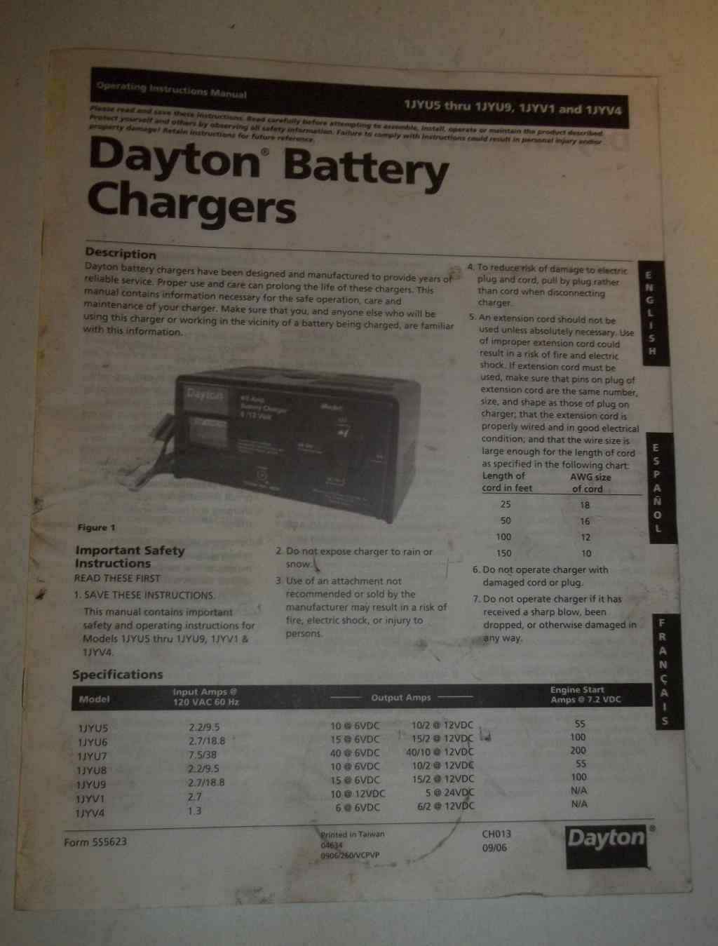 DAYTON Battery Chargers Instructions, Operating Manual 1JYU5-1JYU9, 1JYV1, 1JYV4
