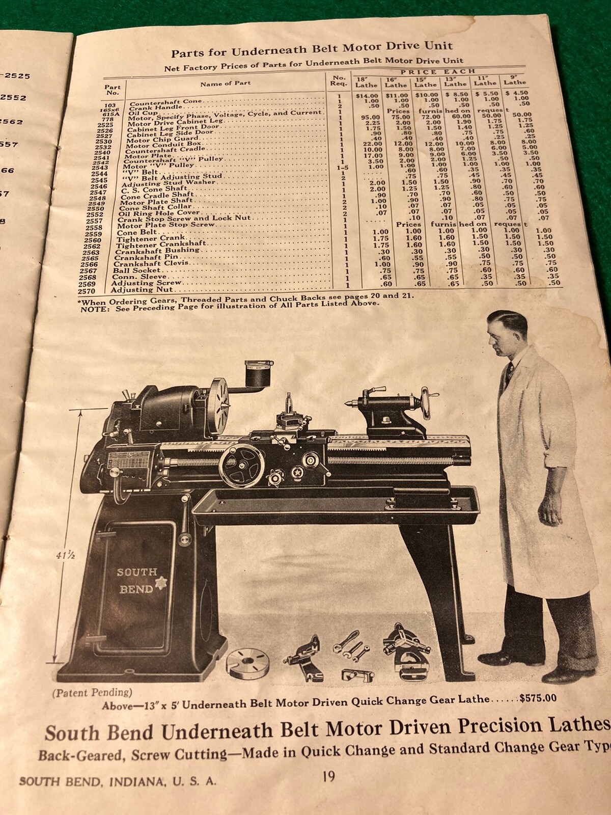 1935 South Bend No. 19-B Lathe Price List of Repair Parts Manual
