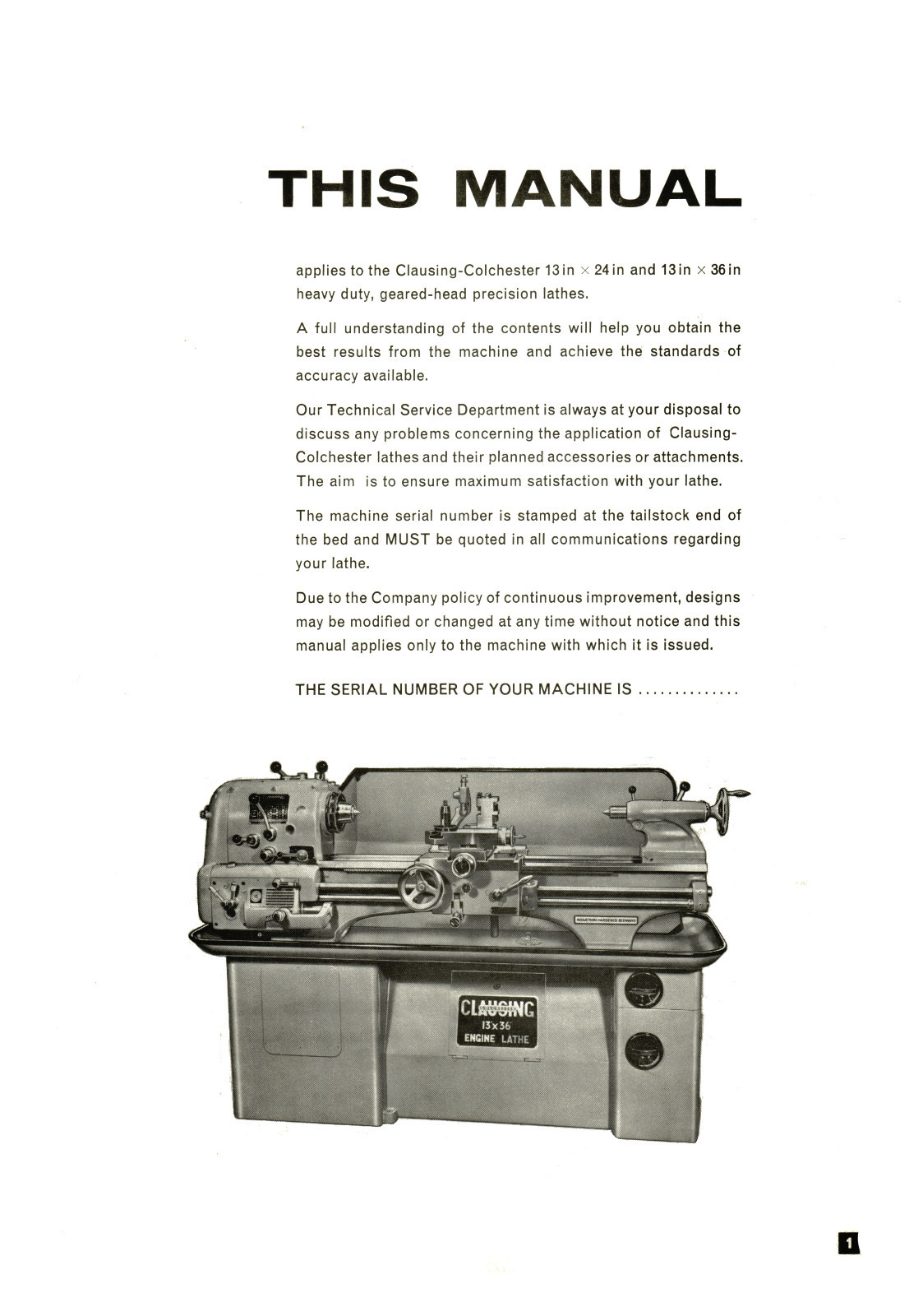 Clausing Colchester 13″x24 & 13″x36 Lathe Instruction & Parts List Manual *1272