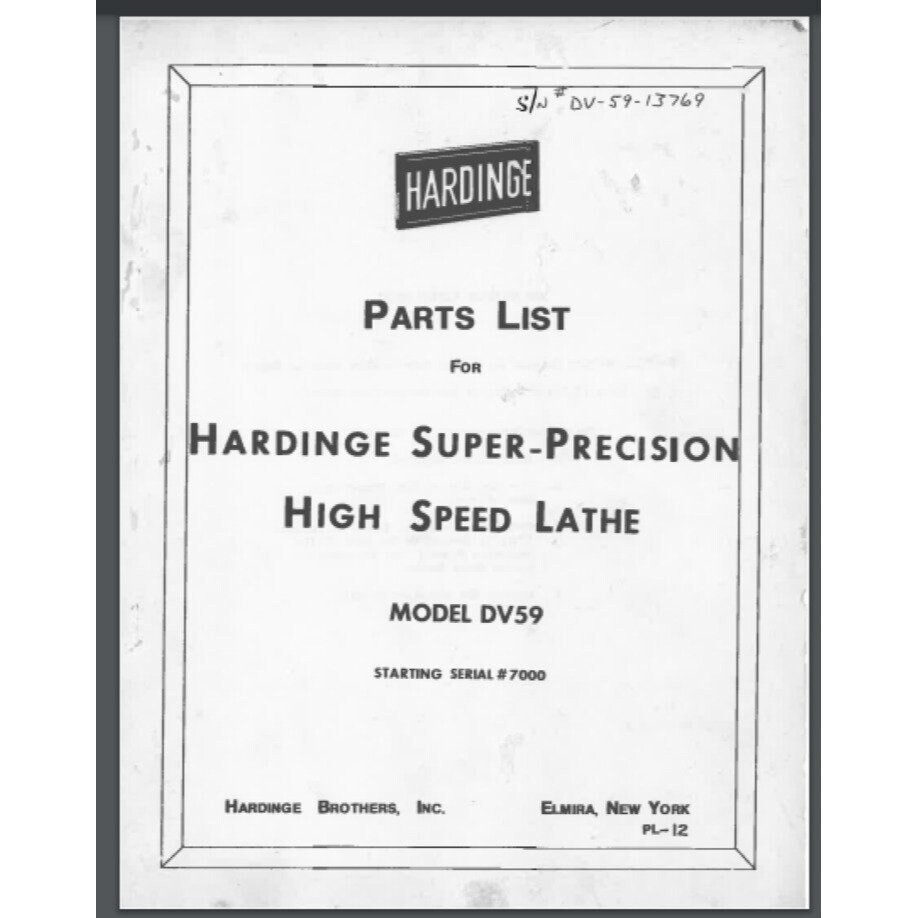 Hardinge DV59 parts list MANUAL 36 pages. comb bound gloss protective cover