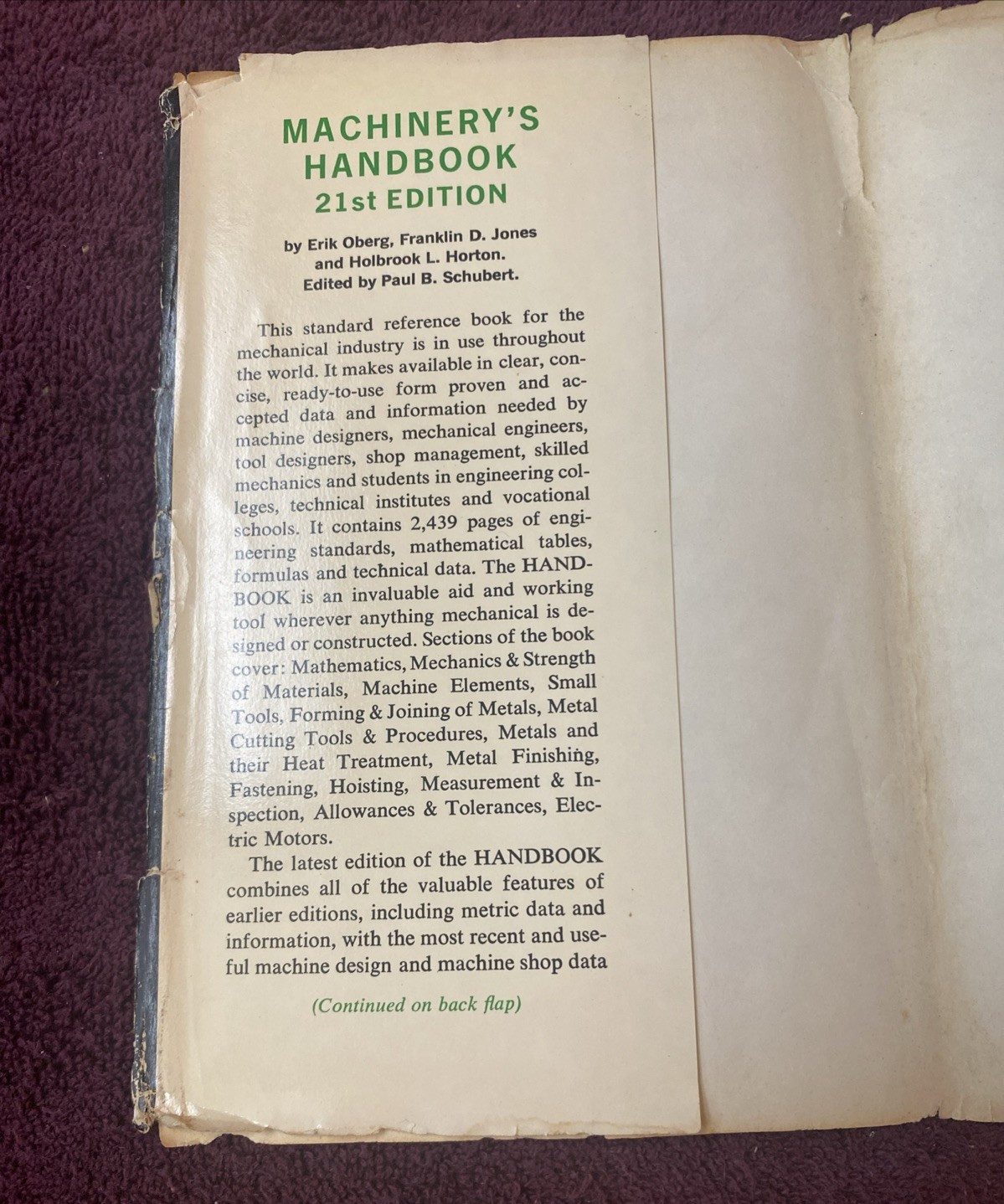 Industrial Press Machinery’s Handbook Twenty-First Edition Metal Fabrication