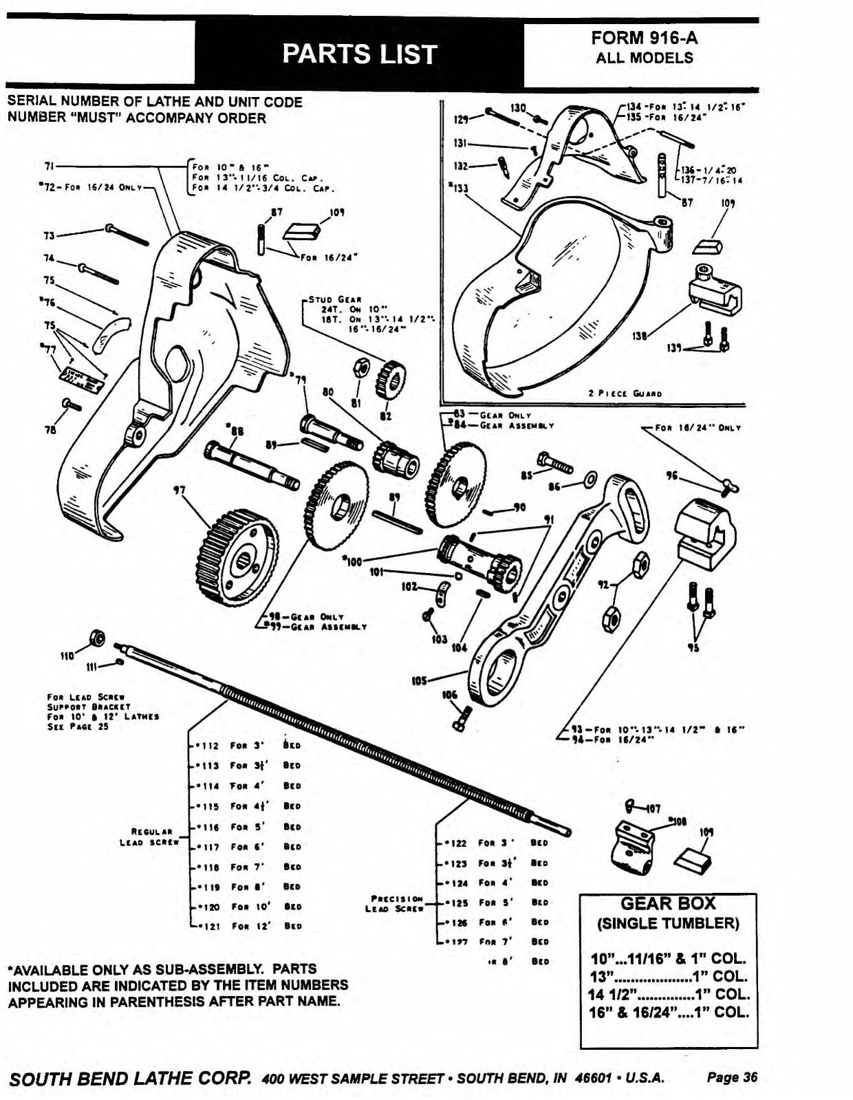 Lathe Maintenance Parts Manual South bend 10, 13, 14 1-2, 16, 16-24 inch CE3458