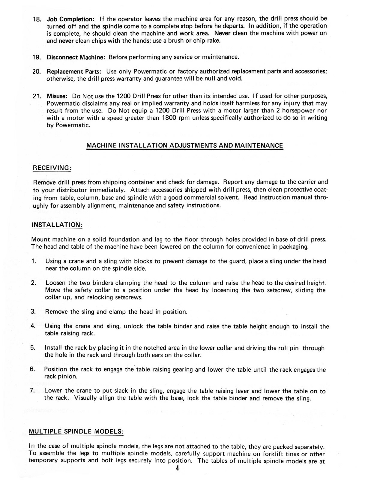 Powermatic 1200 20″ Drill Press Maintenance & Parts List Manual #1663