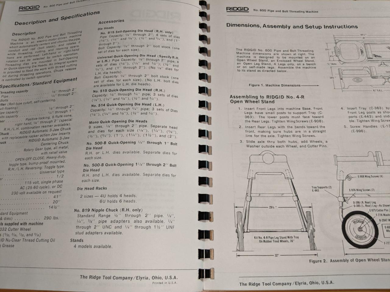 Ridgid 800 Pipe and Bolt Threading Machine Operator’s and Parts Manual