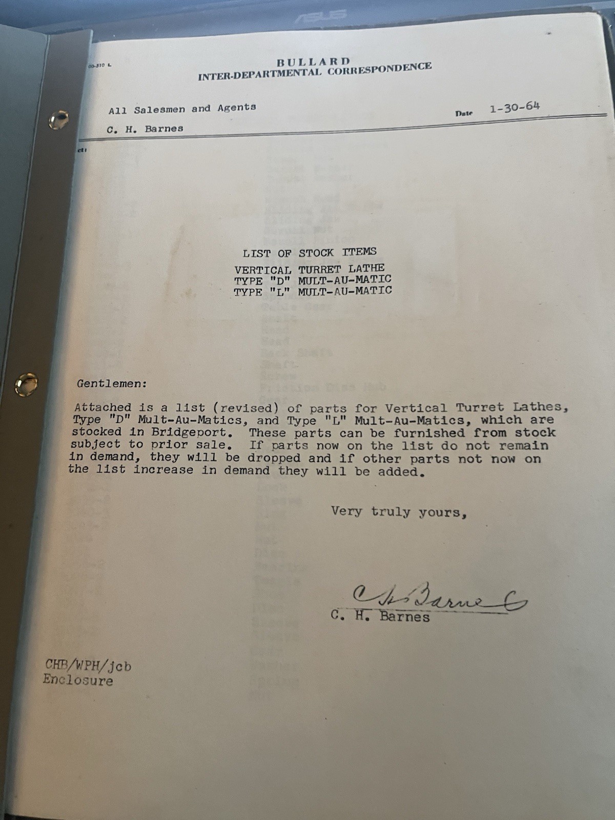 Bullard Stock Items List for Vertical Turret Lathe TYPEs”D” and “L” MultiAUMatic
