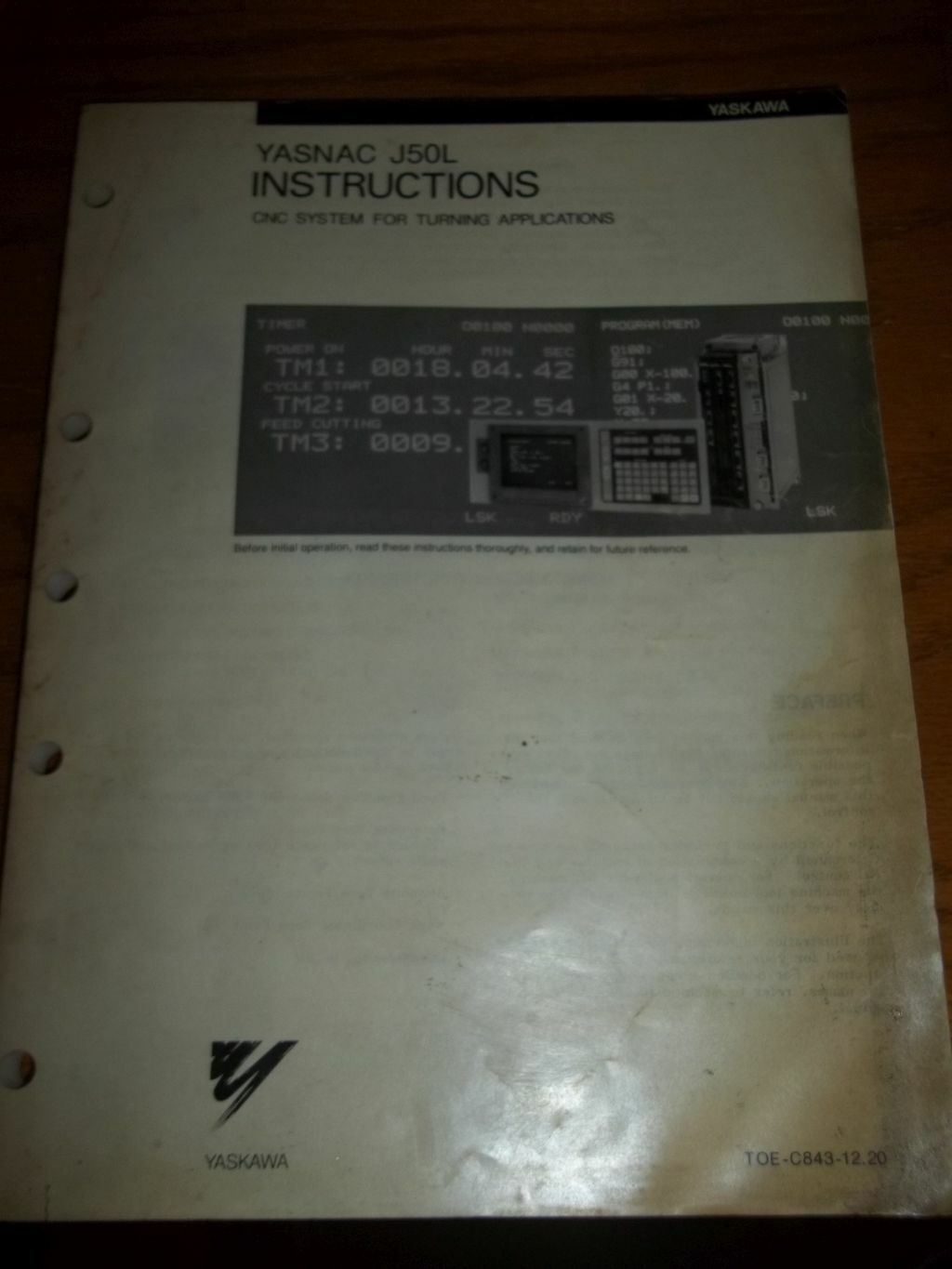 Yasnac J50L Instructions CNC System For Turning Applications Manual