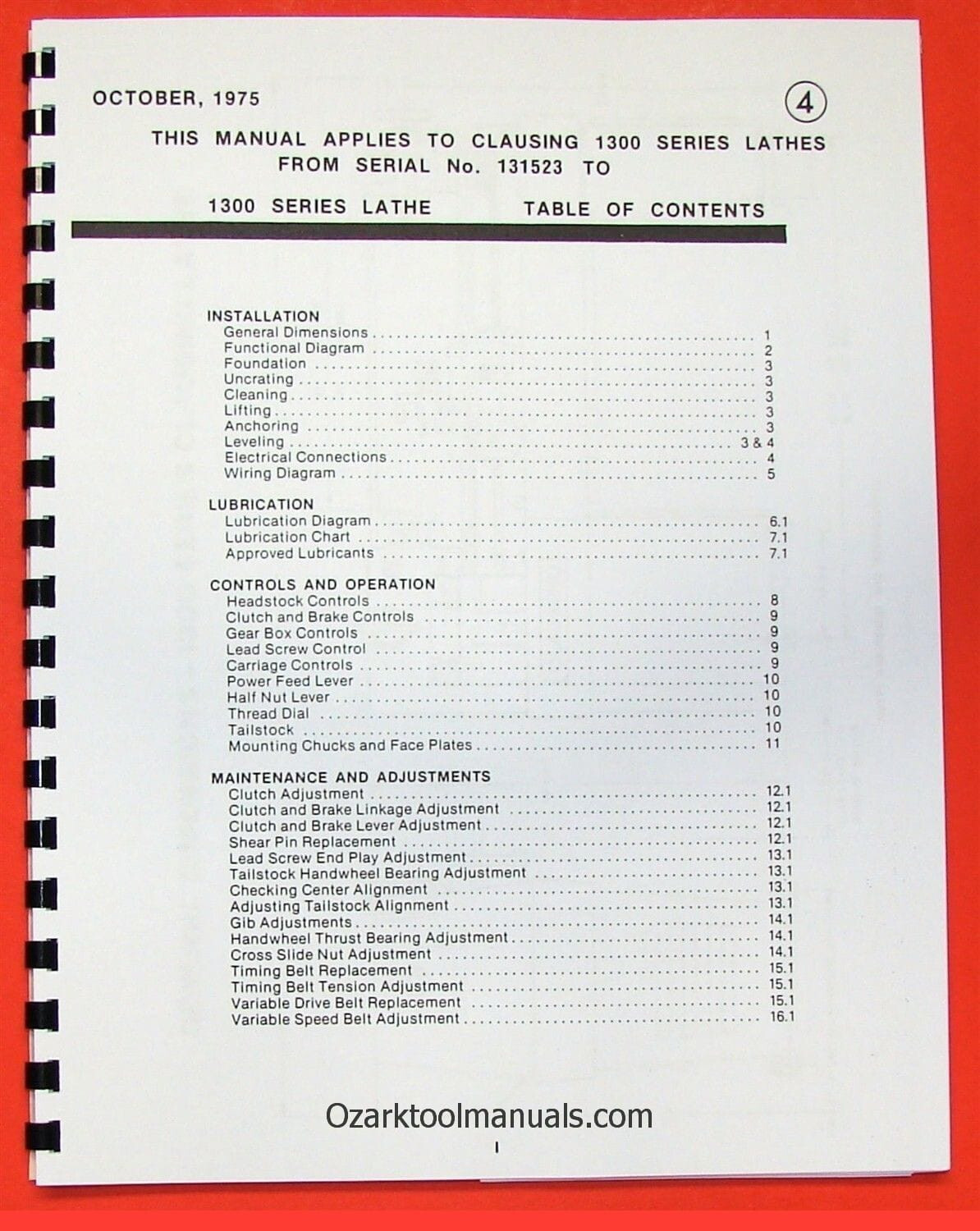 CLAUSING 1300, 1301 Metal Lathe Operator & Parts Manual Serial Nos 131523 and up