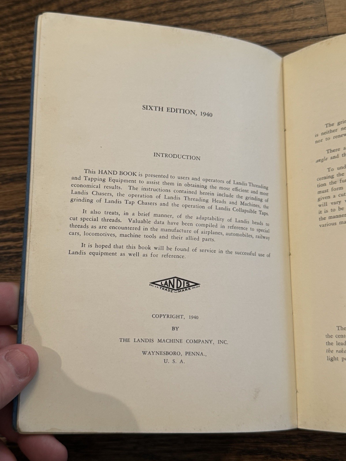 1940 LANDIS HANDBOOK 6th Ed Landis Threading & Tapping Equipment WAYNESBORO PA