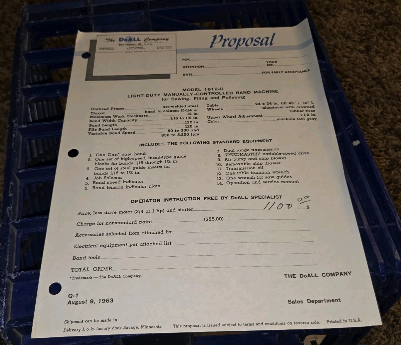DoAll Machine 1612u Band Saw 1963 SALE PROPOSAL Company Paperwook MACHINIST TOOL