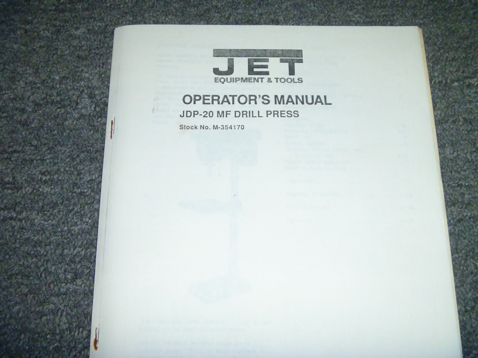 Jet Equipment JDP-20 MF Drill Press Owner Operator Manual User Guide M-354170