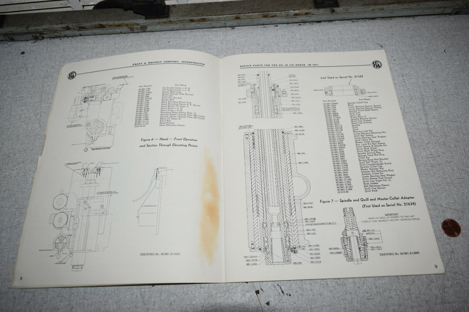 Pratt & Whitney No.4E Jig Borer M1861 Repair Parts Catalog Manual
